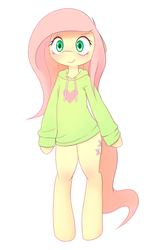 Size: 1200x2000 | Tagged: safe, artist:hoodie, fluttershy, pony, semi-anthro, g4, bipedal, clothes, cute, female, floppy ears, hoodie, shyabetes, simple background, solo, white background