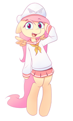 Size: 1200x2000 | Tagged: safe, artist:hoodie, fluttershy, pony, semi-anthro, g4, bipedal, clothes, cute, female, floppy ears, open mouth, sailor, sailor uniform, salute, shyabetes, simple background, solo, white background