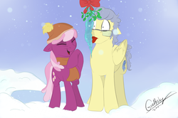 Size: 1024x680 | Tagged: safe, artist:rutkotka, cheerilee, oc, oc:whispering wind, earth pony, pegasus, pony, g4, beanie, canon x oc, cheeriwind, clothes, eyes closed, female, glasses, hat, male, mistletoe, pegasus oc, scarf, shipping, snow, snowfall, story included, straight, tongue out