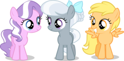 Size: 4500x2206 | Tagged: safe, alternate version, artist:xebck, diamond tiara, mango dash, silver spoon, earth pony, pegasus, pony, g4, alternate universe, bowtie, cute, cutie mark crusaders, group, high res, looking at each other, mangobetes, simple background, smiling, transparent background, trio, vector