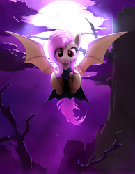 Size: 1518x1960 | Tagged: safe, artist:scootiebloom, fluttershy, bat pony, pony, g4, scare master, clothes, costume, female, flutterbat, flying, moon, nightmare night costume, solo