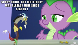 Size: 610x351 | Tagged: safe, edit, edited screencap, screencap, discord, fluttershy, spike, g4, what about discord?, burn, caption, discovery family logo, female, image macro, implied flutterspike, implied shipping, love triangle, male, meme, micro, ship:flutterspike, shipping, shipping war in the comments, shrunk, straight