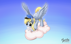 Size: 2560x1600 | Tagged: safe, artist:mysticalpha, derpy hooves, pegasus, pony, g4, cloud, female, hat, mail, mailmare, mare, mouth hold, raised hoof, solo, spread wings