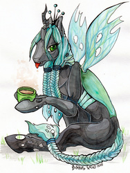 Size: 1500x2000 | Tagged: dead source, safe, artist:amber-wind, queen chrysalis, changeling, changeling queen, g4, alternate hairstyle, braid, coffee, female, food, solo, tongue out, traditional art