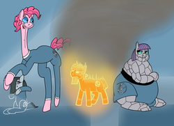 Size: 1564x1131 | Tagged: safe, artist:monterrang, limestone pie, marble pie, maud pie, pinkie pie, earth pony, pony, tumblr:ask fat maud pie, g4, angry, crossover, fantastic four, fat, female, human torch, invisible woman, mare, maud pudge, mr. fantastic, parody, pie sisters, the thing (marvel)