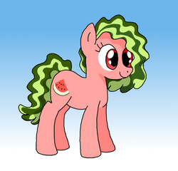 Size: 515x494 | Tagged: safe, artist:manulis, oc, oc only, oc:melancia, earth pony, pony, female, food, gradient background, mare, smiling, solo, standing, watermelon