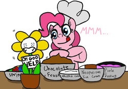 Size: 2200x1544 | Tagged: safe, artist:saintheartwing, pinkie pie, earth pony, pony, g4, crossover, flowey, food, frosting, herbivore, ice cream, imminent vore, licking, licking lips, sprinkles, tongue out, undertale, whipped cream