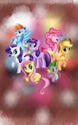 Size: 1024x1636 | Tagged: safe, artist:xeladuart, applejack, fluttershy, pinkie pie, rainbow dash, rarity, spike, twilight sparkle, g4, mane seven, mane six