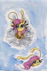 Size: 2322x3501 | Tagged: safe, artist:rinioshi, fluttershy, breezie, g4, breeziefied, female, flower, flutterbreez, high res, looking at you, looking up, looking up at you, sitting, solo, species swap, traditional art, watercolor painting