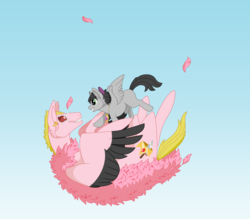 Size: 3992x3496 | Tagged: safe, artist:abariacloud, oc, oc:noemi, crossover, donquixote doflamingo, duo, falling, freefall, gradient background, high res, looking at each other, one piece, ponified, sky, smiling, spread wings