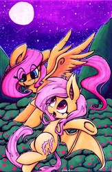 Size: 1024x1570 | Tagged: safe, artist:ulkuchi, fluttershy, bat pony, pegasus, pony, g4, duality, duo, eye clipping through hair, flutterbat, flying, looking at each other, night, self ponidox, traditional art, watermark