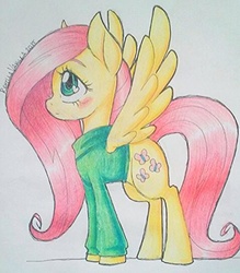 Size: 478x546 | Tagged: safe, artist:renillavanilla, fluttershy, g4, bottomless, clothes, female, heart eyes, looking at something, looking up, partial nudity, profile, simple background, solo, spread wings, standing, sweater, sweatershy, traditional art, wingding eyes