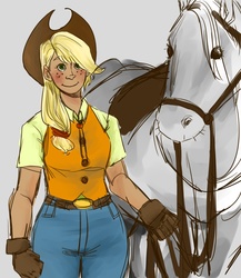 Size: 1300x1500 | Tagged: safe, artist:brownie-un-ni, applejack, horse, human, g4, cowgirl, female, humanized, simple background, smiling, solo