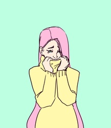 Size: 1300x1500 | Tagged: safe, artist:brownie-un-ni, fluttershy, human, g4, bashful, clothes, cute, female, humanized, shy, simple background, solo, sweater, sweatershy