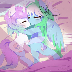 Size: 1667x1653 | Tagged: safe, artist:sorasku, oc, oc only, oc:amaranthine sky, oc:reverie, pegasus, pony, unicorn, bed, clothes, cute, female, glasses, kissing, lesbian, oc x oc, romance, shipping, socks