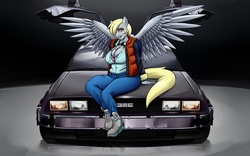 Size: 1280x800 | Tagged: safe, artist:amaraburrger, derpy hooves, anthro, g4, back to the future, back to the future part 2, breasts, busty derpy hooves, cleavage, clothes, cosplay, costume, delorean, female, looking at you, solo, spread wings