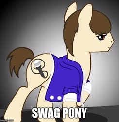 Size: 500x510 | Tagged: safe, artist:serhalu, clothes, image macro, justin bieber, looking at you, meme, microphone, ponified, raised hoof, swag