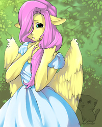 Size: 864x1080 | Tagged: safe, artist:psychoseby, fluttershy, anthro, g4, clothes, dress, female, floppy ears, hair over one eye, solo