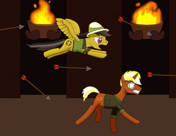 Size: 1017x786 | Tagged: safe, artist:allonsbro, daring do, trenderhoof, g4, arrow, fire, flying, running, temple, torch