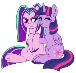 Size: 550x533 | Tagged: safe, artist:lulubell, aria blaze, twilight sparkle, alicorn, earth pony, pony, g4, blushing, earth pony aria blaze, female, hug, lesbian, mare, shipping, simple background, sparkleblaze, transparent background, twilight sparkle (alicorn), underhoof