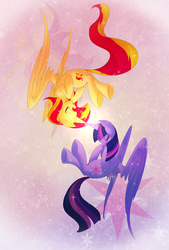 Size: 1378x2039 | Tagged: safe, artist:neko-luvz, sunset shimmer, twilight sparkle, alicorn, pony, g4, alicornified, eyes closed, floating, horn, horns are touching, race swap, shimmercorn, smiling, twilight sparkle (alicorn)