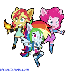 Size: 2742x2742 | Tagged: safe, artist:manic-the-lad, pinkie pie, rainbow dash, sunset shimmer, equestria girls, g4, chibi, high res, horn, ponied up