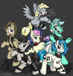 Size: 2231x2326 | Tagged: safe, artist:flutterthrash, bon bon, derpy hooves, dj pon-3, doctor whooves, lyra heartstrings, octavia melody, sweetie drops, time turner, vinyl scratch, earth pony, pegasus, pony, unicorn, g4, background pony, background six, clothes, female, high res, jacket, leg warmers, male, mare, mosh pit, spikes, stallion, thrash metal