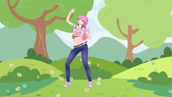 Size: 640x360 | Tagged: safe, pinkie pie, human, g4, 3d, clothes, devil horn (gesture), female, mmd, pose, short shirt, skinny jeans, solo