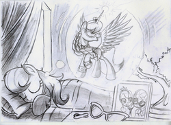 Size: 2340x1700 | Tagged: safe, artist:ruhisu, diamond tiara, silver spoon, alicorn, pony, g4, bed, dream, glasses, silvicorn, sleeping, species swap, traditional art