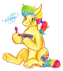 Size: 1428x1625 | Tagged: safe, artist:animagicworld, alphabittle, earth pony, pony, g3, female, solo, soup, traditional art