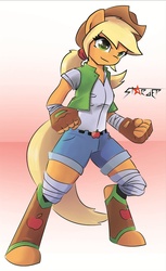 Size: 1228x2008 | Tagged: safe, artist:stardep, applejack, earth pony, anthro, g4, clothes, female, fighting stance, fingerless gloves, gloves, ponytail, smirk, solo