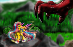 Size: 4950x3240 | Tagged: safe, artist:fairysearch, fluttershy, dragon, g4, claws, fight, grass, mountain, rainbow power, rock