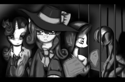 Size: 4950x3240 | Tagged: safe, artist:fairysearch, rainbow dash, rarity, g4, rarity investigates, detective, detective rarity, grayscale, jail, monochrome, noir, shadow spade