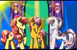 Size: 4950x3240 | Tagged: safe, artist:fairysearch, apple bloom, scootaloo, sweetie belle, earth pony, pegasus, pony, unicorn, crusaders of the lost mark, g4, bow, cutie mark, cutie mark crusaders, female, hair bow, mare, older, spread wings, the cmc's cutie marks, twilight's castle, wings