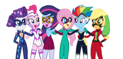 Size: 1558x748 | Tagged: safe, artist:kate232, applejack, fili-second, fluttershy, mistress marevelous, pinkie pie, radiance, rainbow dash, rarity, saddle rager, twilight sparkle, zapp, equestria girls, g4, my little pony: friendship is magic, power ponies (episode), hilarious in hindsight, humane six, masked matter-horn costume, power ponies