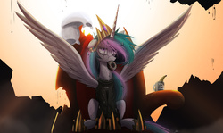 Size: 2500x1489 | Tagged: safe, artist:ncmares, princess celestia, ask majesty incarnate, g4, badass, banana, clothes, coffee cup, cup, donut, epic, female, food, lorde, mouth hold, parody, pillow, sitting, solo, spread wings, team, throne, torn clothes
