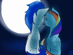 Size: 1024x765 | Tagged: safe, artist:foxstar085, rainbow dash, soarin', pony, g4, female, heart, male, moon, night, ship:soarindash, shipping, straight