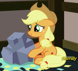 Size: 626x572 | Tagged: safe, screencap, applejack, g4, hearthbreakers, discovery family logo, female, rock, solo
