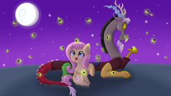 Size: 1280x720 | Tagged: safe, artist:vcm1824, discord, fluttershy, firefly (insect), g4, moon, night, prone