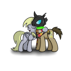 Size: 1000x1000 | Tagged: safe, artist:redquoz, derpy hooves, doctor whooves, time turner, changeling, pegasus, pony, g4, clothes, duo, female, hug, male, mare, scarf, stallion