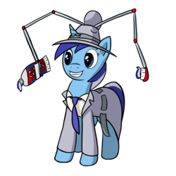 Size: 1138x1140 | Tagged: safe, artist:redquoz, minuette, pony, unicorn, g4, clothes, female, hat, inspector brushie, inspector gadget, mare, necktie, parody, smiling, solo, toothpaste, trenchcoat