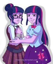 Size: 850x1017 | Tagged: safe, artist:erisabetta, sci-twi, twilight sparkle, equestria girls, g4, my little pony equestria girls: friendship games, clothes, crystal prep academy, crystal prep academy uniform, crystal prep shadowbolts, duo, glasses, looking at you, school uniform, self ponidox, signature, skirt, twilight sparkle (alicorn), twolight