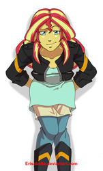 Size: 686x1133 | Tagged: safe, artist:erisabetta, sunset shimmer, equestria girls, g4, clothes, female, hands behind back, leather jacket, looking at you, signature, solo