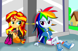 Size: 2000x1300 | Tagged: safe, artist:lovehtf421, rainbow dash, sunset shimmer, equestria girls, g4, :<, book, boots, clothes, courtyard, duo, female, lesbian, looking at each other, shipping, sitting, sunsetdash