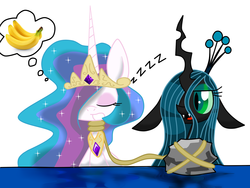 Size: 1600x1200 | Tagged: safe, artist:lovehtf421, princess celestia, queen chrysalis, pony, g4, banana, duo, food, rock, sleeping