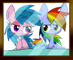 Size: 1210x1000 | Tagged: safe, artist:lovehtf421, firefly, rainbow blaze, rainbow dash, pony, g1, g4, blushing, cross-generational shipping, family photo, filly, ship:fireblaze, trio