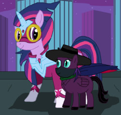 Size: 1018x964 | Tagged: safe, artist:thomaszoey3000, twilight sparkle, oc, oc:nyx, alicorn, pony, g4, power ponies (episode), duo, female, mare, masked matter-horn costume, power ponies, twilight sparkle (alicorn)