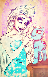 Size: 800x1280 | Tagged: safe, earth pony, human, pony, boop, concerned pony, crossover, duo, elsa, frozen (movie), raised hoof, scared