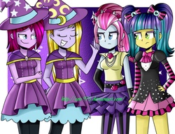 Size: 1022x781 | Tagged: safe, artist:zoe-975, fuchsia blush, lavender lace, pixel pizazz, violet blurr, equestria girls, g4, background human