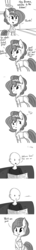 Size: 726x5082 | Tagged: safe, artist:tjpones, oc, oc only, oc:brownie bun, oc:richard, earth pony, human, pony, horse wife, ask, grayscale, hairnet, kitchen, monochrome, newspaper, offscreen character, reading, tumblr